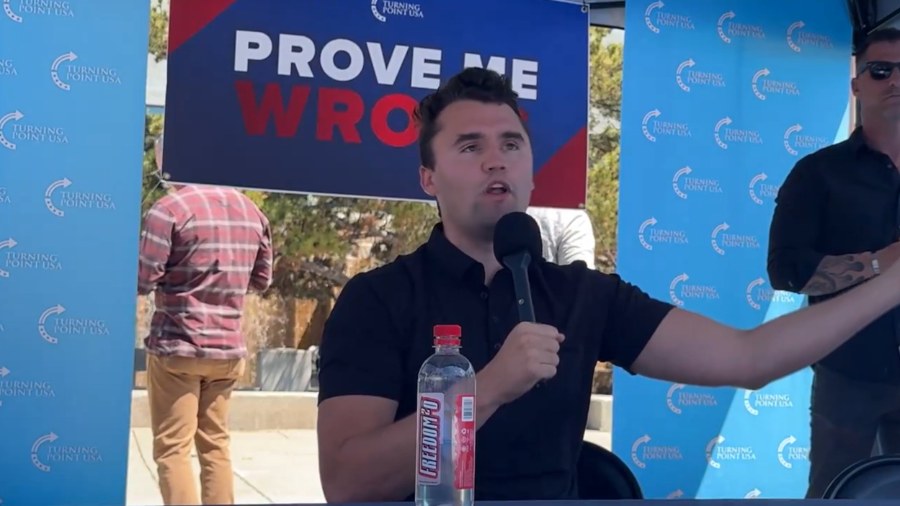 Image: University of Washington activist students argue conservative commentator Charlie Kirk shoul...