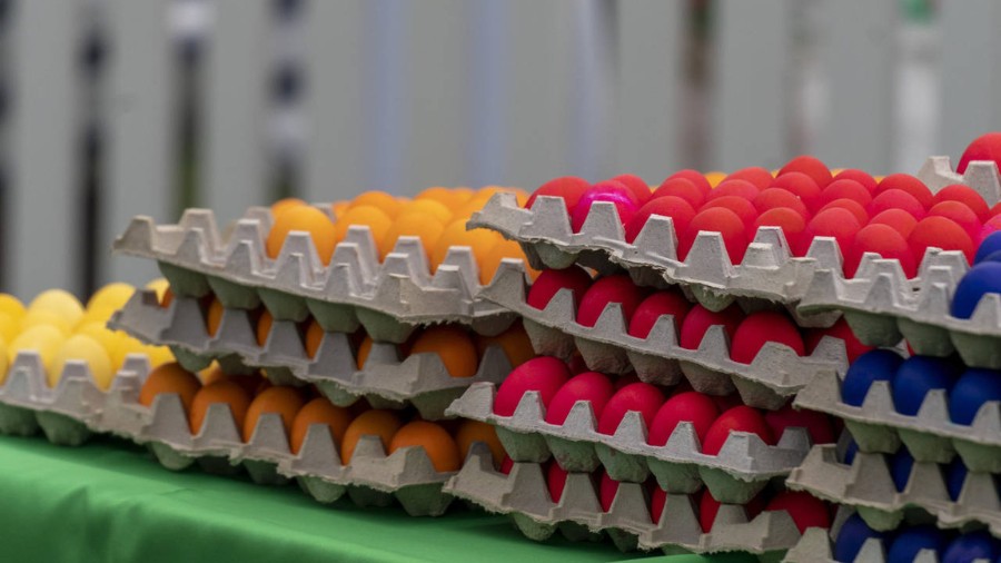 Image: Brightly colored eggs are set on a table on the South Lawn of the White House in Washington,...