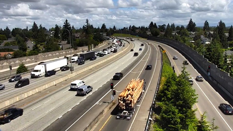 Image: All lanes on Interstate 5 south in Everett were closed on Wednesday, June 12, 2024. It cause...