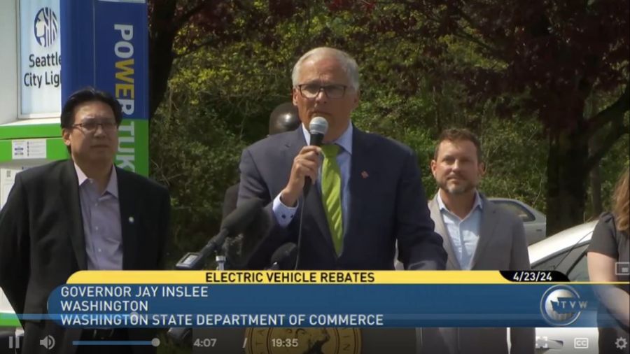 Photo: Governor Jay Inslee speaks about EV school buses at a press conference in April 2024....