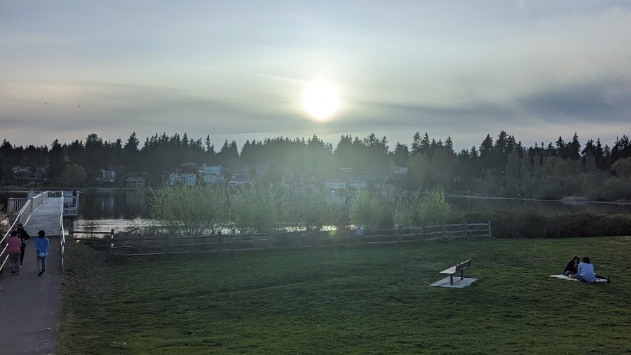 Image: Patrons enjoy Lake Ballinger Park in Mountlake Terrace close to sunset on Sunday, April 14, ...