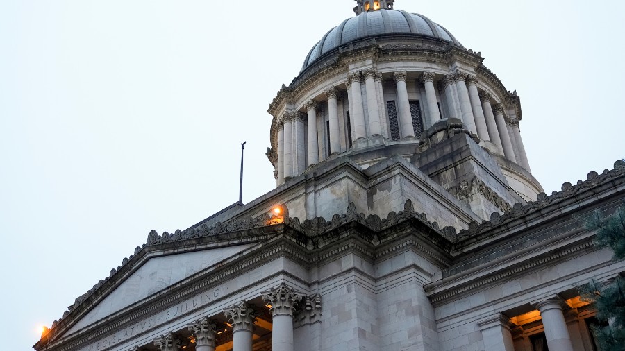 Image: The Washington State Capitol building is seen on the first day of the legislative session in...