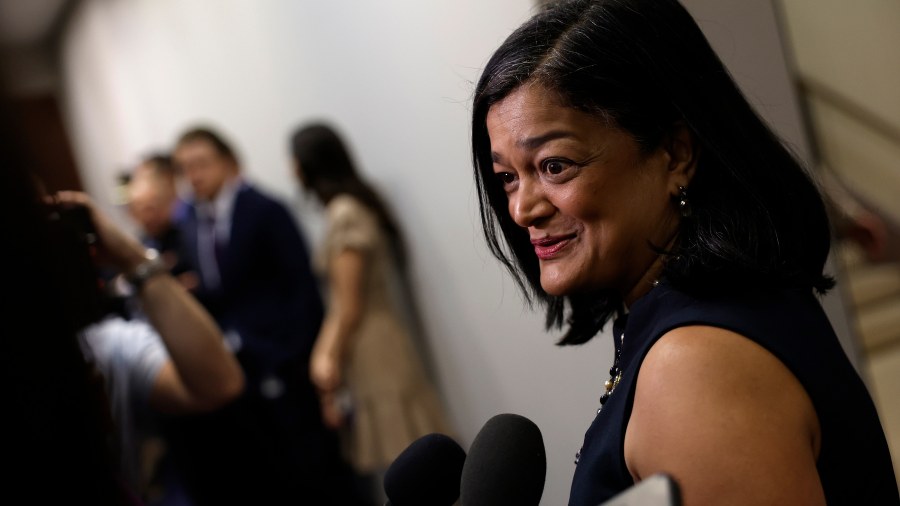 Image: Washington Democratic U.S. Rep. Pramila Jayapal arrives for a House Democrat caucus meeting ...