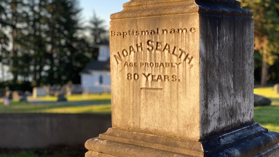 Image: A side view of the monument in Suquamish Memorial Cemetery at the grave of Chief Sealth, nam...