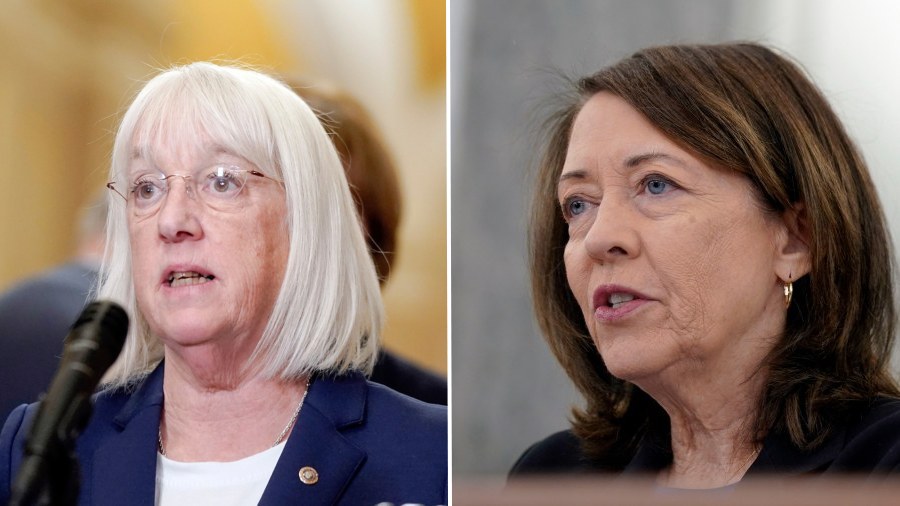 Image: At left, U.S. Sen. Patty Murray, D-Wash., speaks during a news conference on Tuesday, Jan. 9...