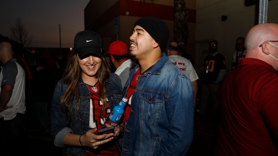 Image: Fans gathered to watch Super Bowl LV in Tampa, Florida, on Feb. 7, 2021...