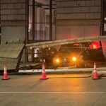 A car plowed into scaffolding and a building in downtown Seattle overnight. (Photo: Kate Stone, KIRO Newsradio)