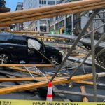 A car plowed into scaffolding and a building in downtown Seattle overnight. (Photo: Kate Stone, KIRO Newsradio)