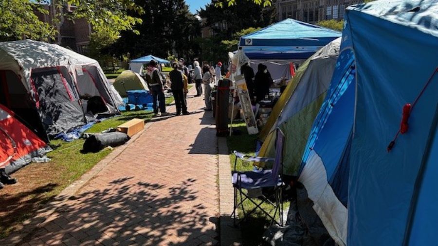 Photo: UW Seattle students set up an autonomous Liberated Zone for a "Free Palestine." It features ...